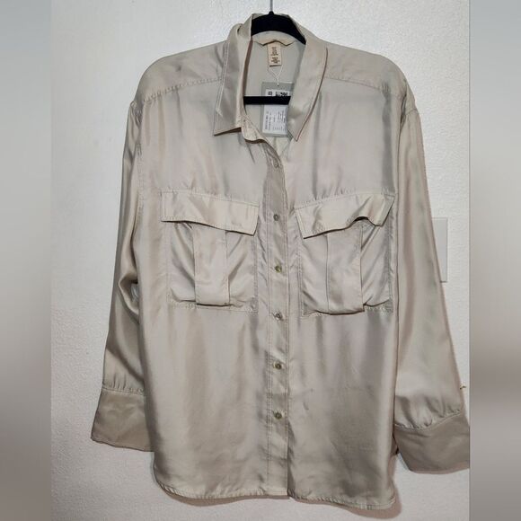 New H&M Pompette Gray Dusty Light Silk Blend Utility Shirt Size XL Oversized - Picture 13 of 14